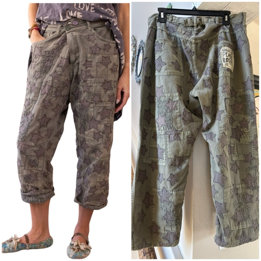 Magnolia Pearl Star Appliqué Cotton Twill Miner Pants in Evangeline NWT